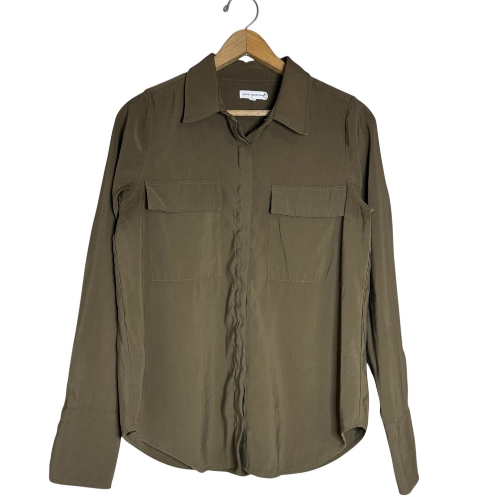 Good American Olive Green Long Sleeve Button Down Shirt Size 1